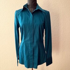 Banana Republic Non-Iron Fitted Button Down Shirt Teal Blue Size 6 Tall Stretch
